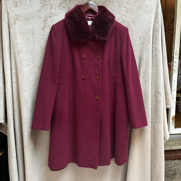 Precis Petite Jackets & Blazers - Precis Petite Wool Cashmere Pea Coat Size 14 Burgundy Faux Fur Timeless Winter